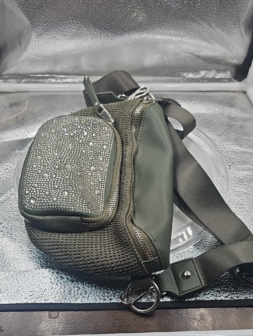 Q Stylish Satchel In Olive Green Madden NYC Rhinestone Bling - Picture 5 of 8